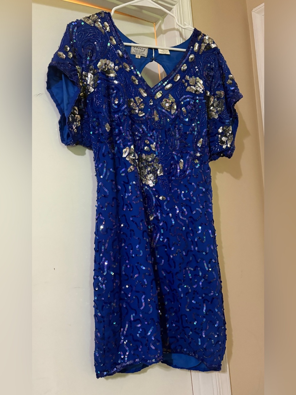Stenay Blue Sequin Beaded V-Neck Open Back Vintage Dress Size 6